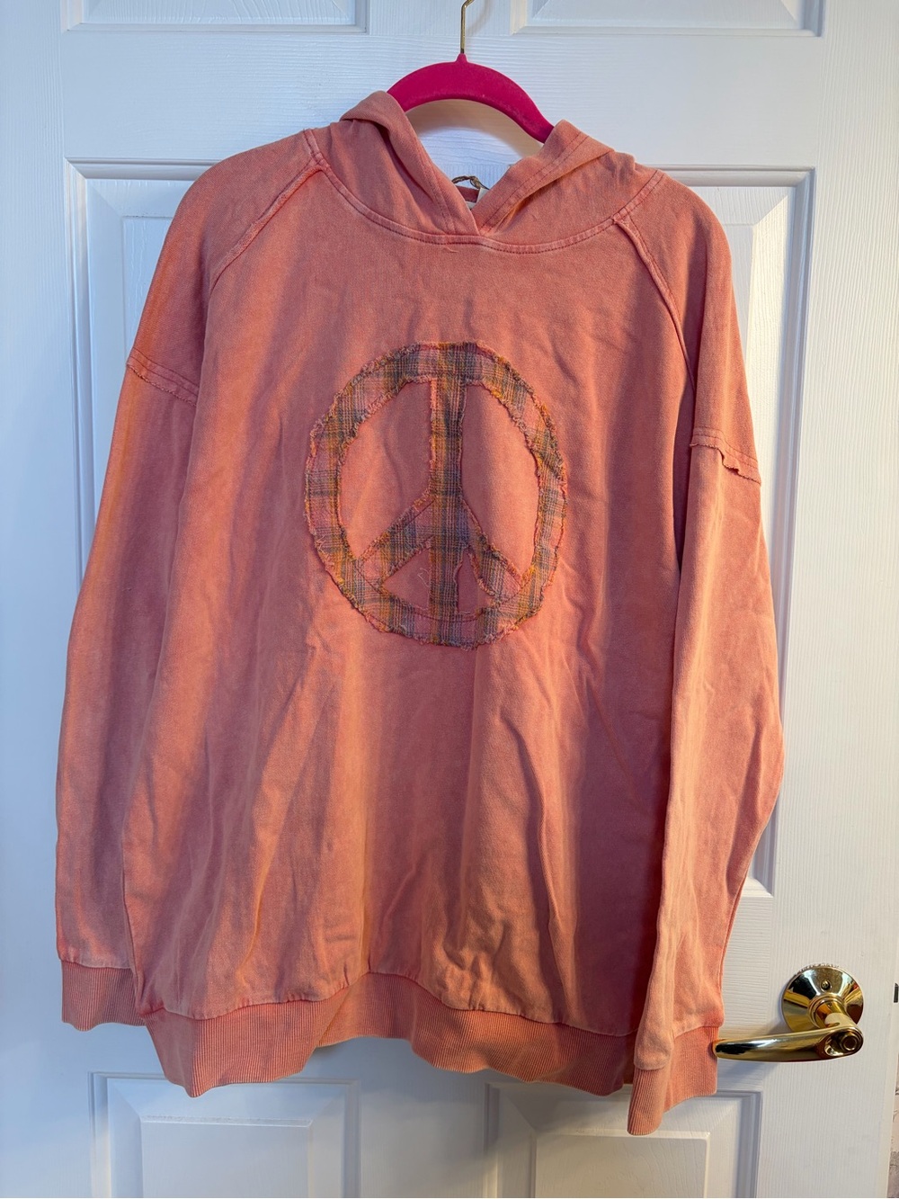 easel Coral Peach Hoodie with Plaid Peace Sign